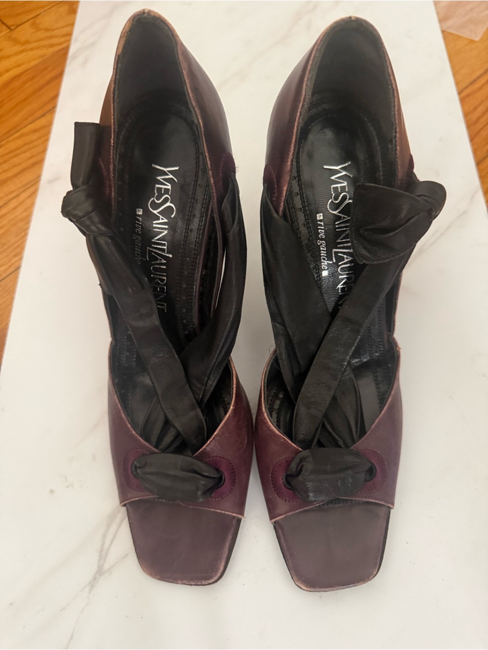 Vintage Yves Saint Laurent Burgundy and Black Leather Knot Wrap Heels